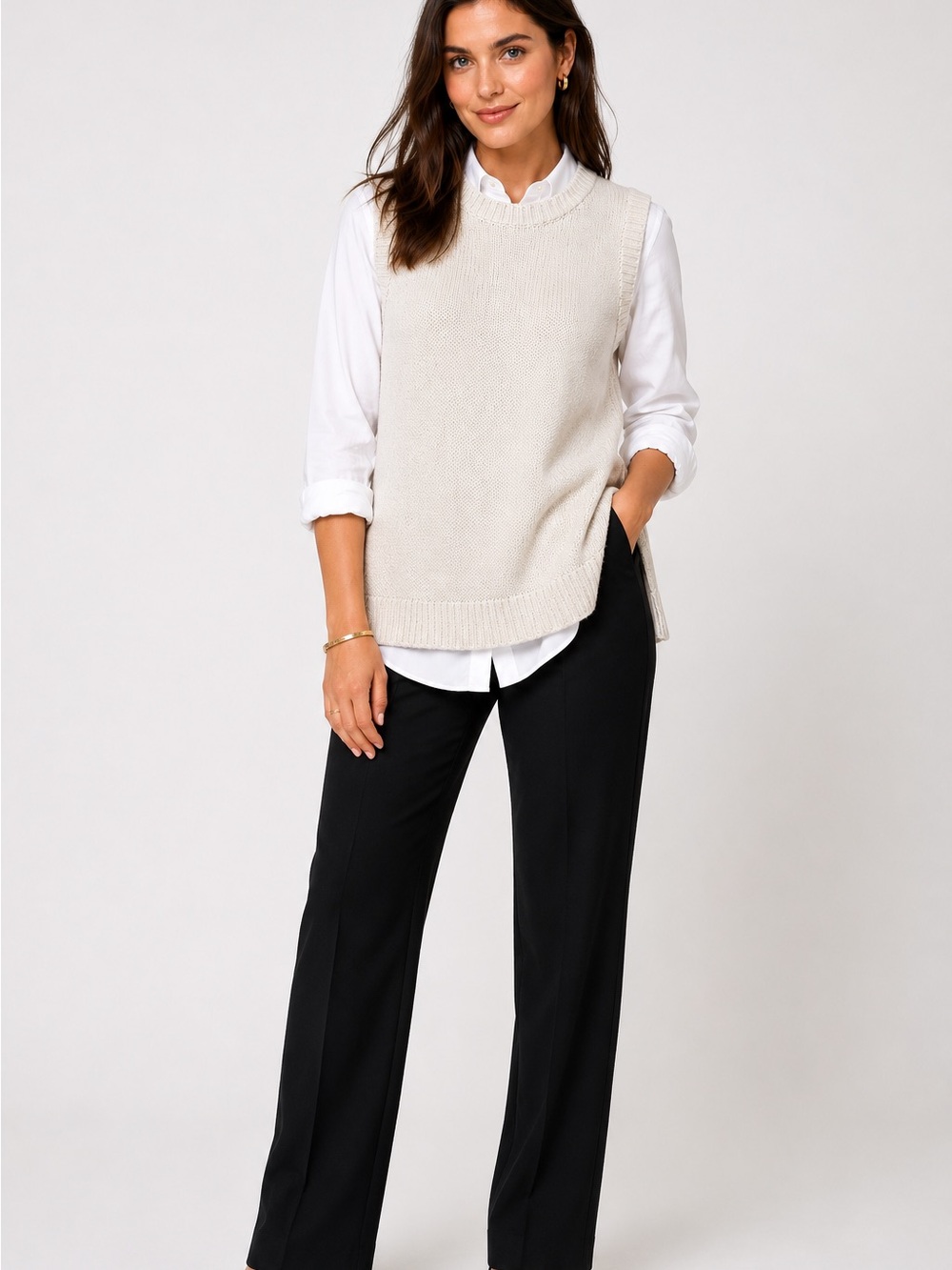 LOFT Womens Large Ivory 100% Cotton Sleeveless Sweater Vest Tunic Side Slit Knit